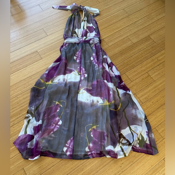 Purple Floral Halter Maxi Dress Open Back Beaded Waist Size 6 M - Picture 3 of 16